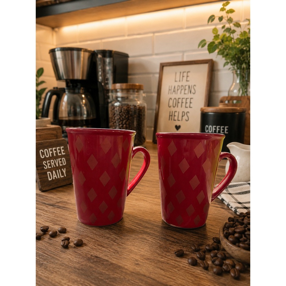 Royal Norfolk Red Gold Diamond Harlequin Stoneware Coffee Mugs Set of 2 Cup Pair